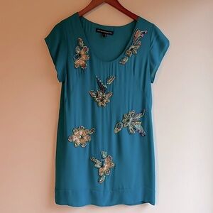 French Connection turquoise blue beaded mini shift dress